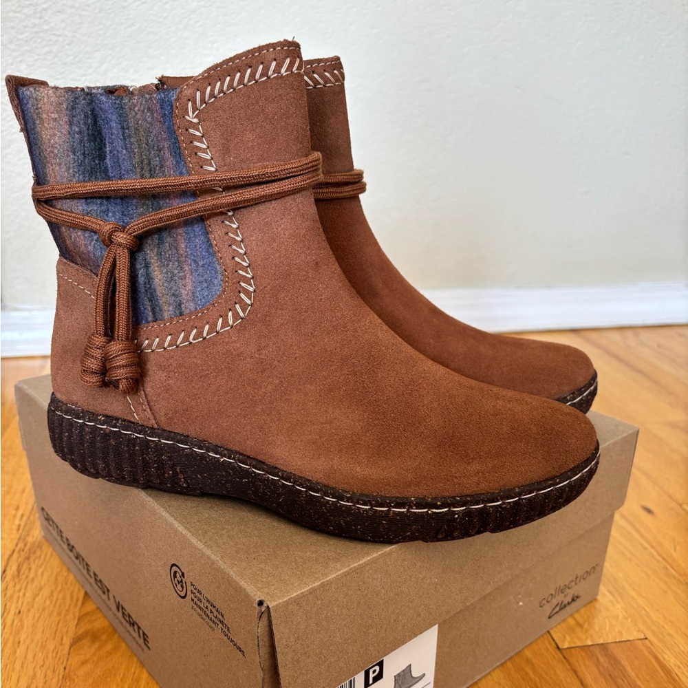 Clarks Brown Suede Ankle Boots with Knit Accent